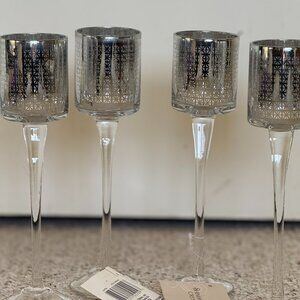 4 Long Stem Glass Votive Candle Holder Silver & Dark Grey NWT